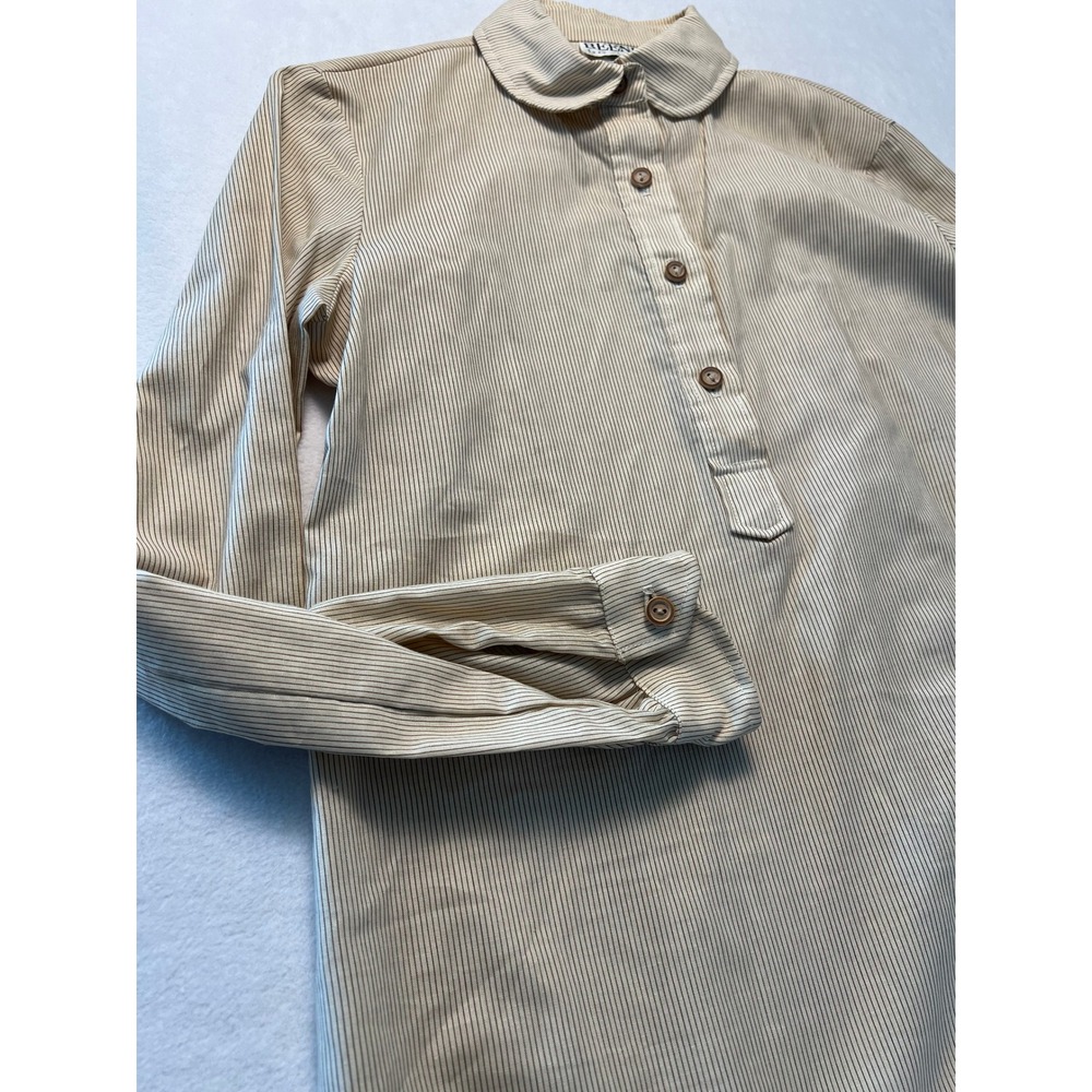 VTG 70s Beene Bazaar 10 Blouse Preppy Pinstripe Tan Brown Peter Pan Collar Top